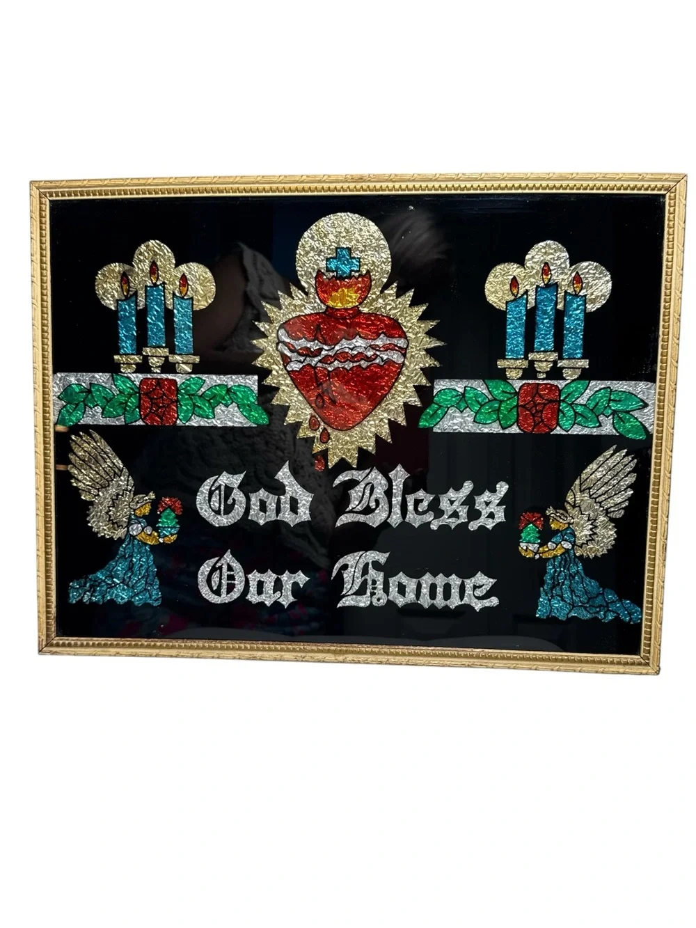 Vintage Religious Reverse Glass Tinsel Foil Painting of Sacred Heart with Angels